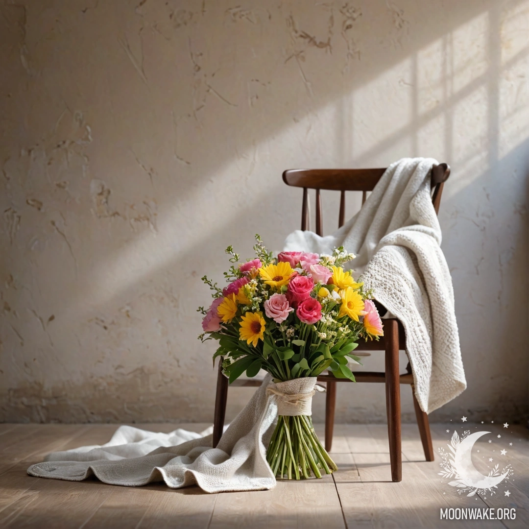 Спокойная сцена с креслом на фоне потертой стены, на пледе и букете цветов, освещенных солнечными лучами.
