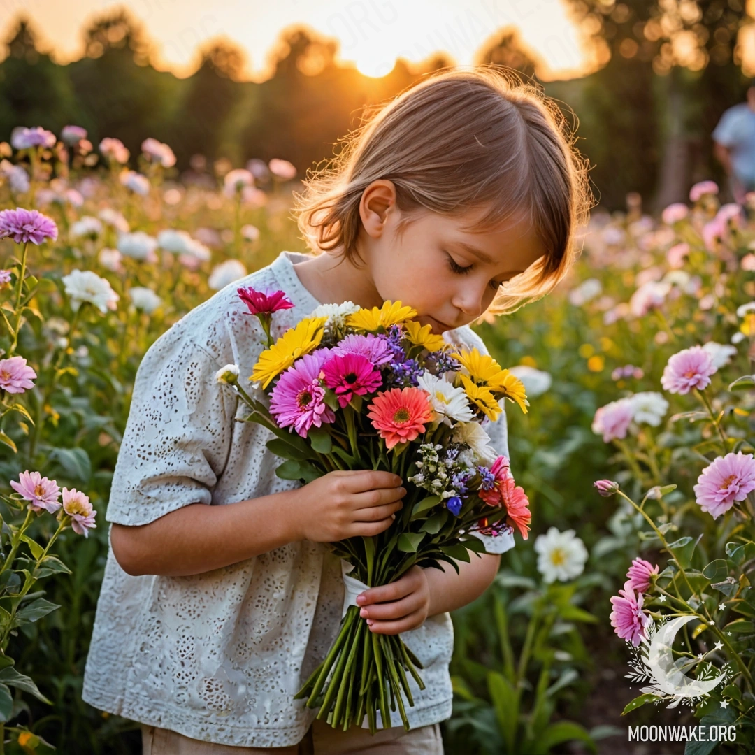 Ребенок с радостью нюхает букет ярких цветов на фоне заката.