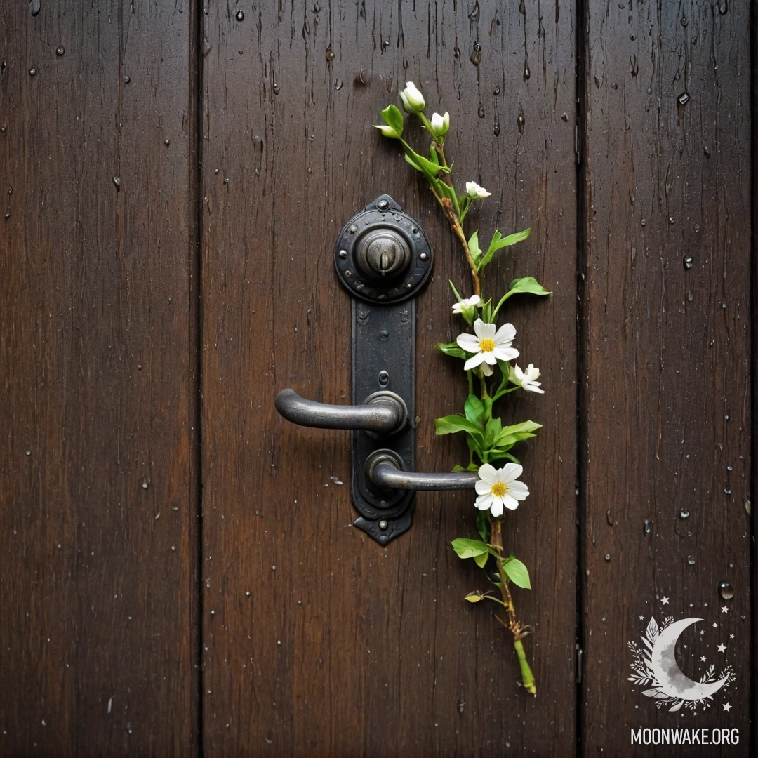 Потертая дверь с нежными веточками и цветами на ручке, окруженная дождем.