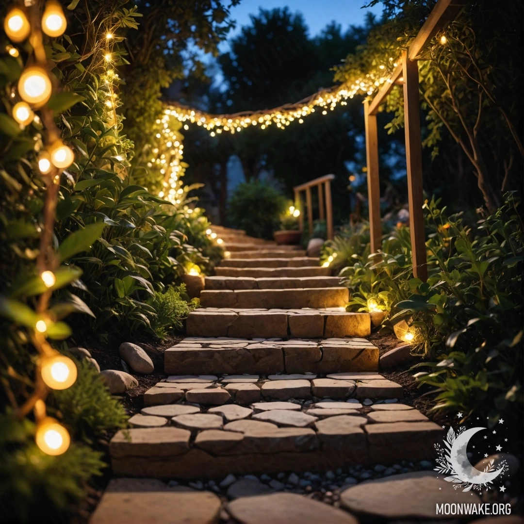 Красивый сад ночью с огнями, каменным путем и деревянной лестницей.