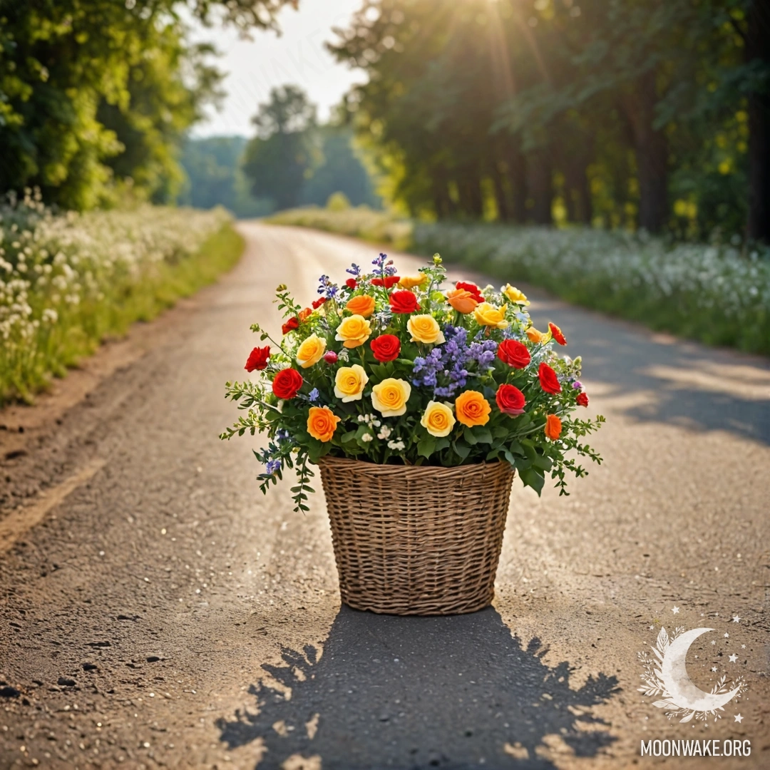 Деревенская дорога с корзиной цветов, окруженная деревьями на фоне.