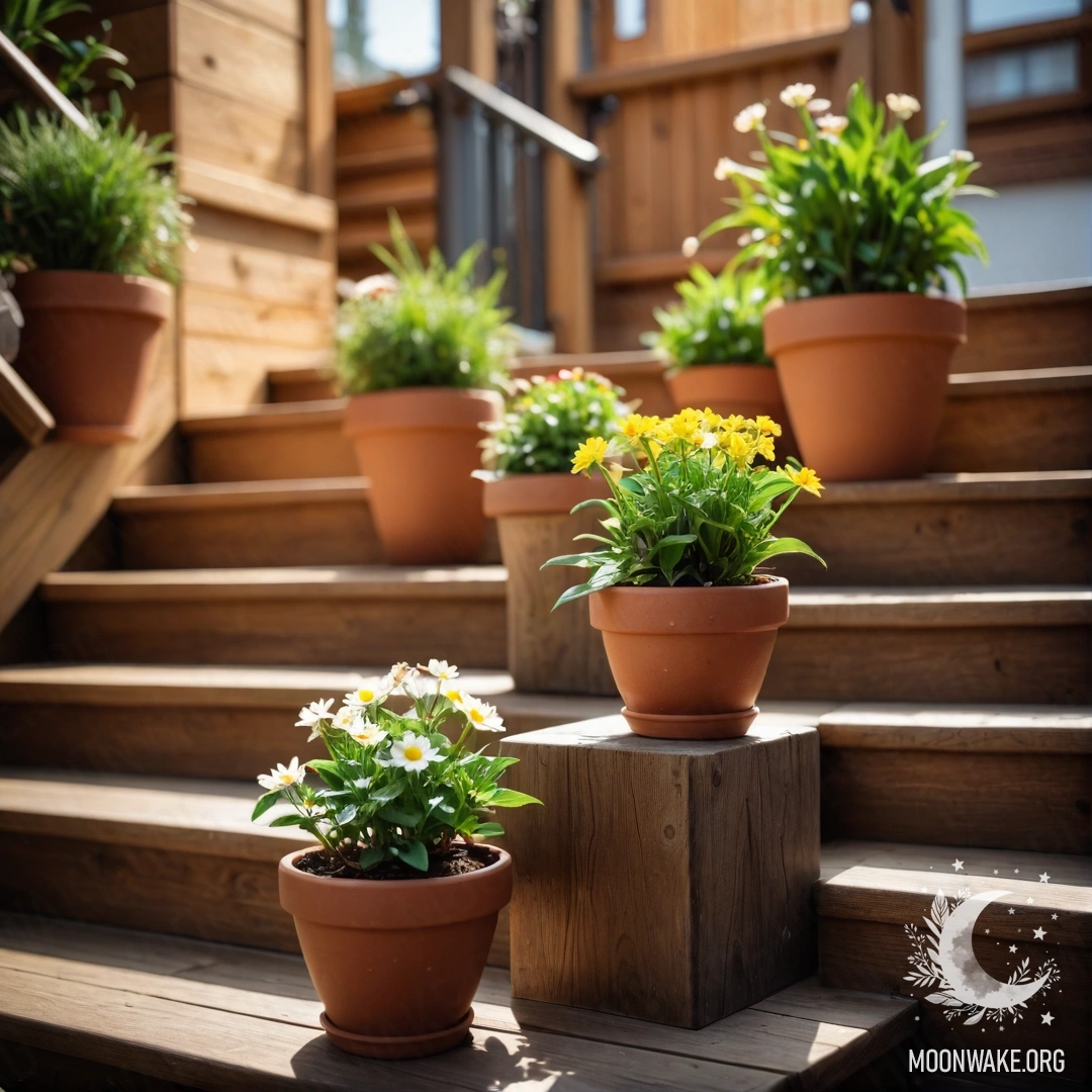 Абстрактное изображение цветочных горшков на деревянной лестнице с эффектом линзы.