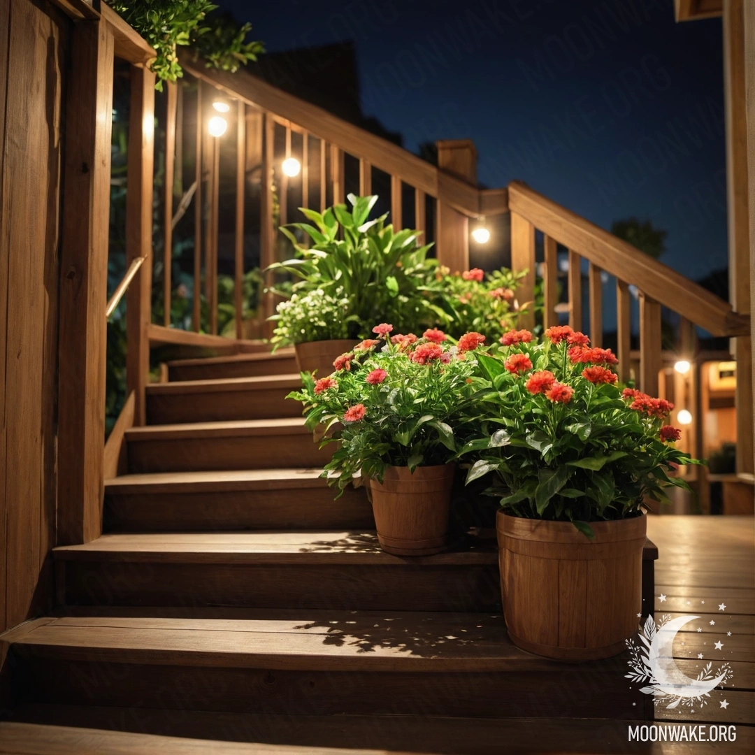 Деревянная лестница, освещенная ночью, украшенная цветочными горшками.