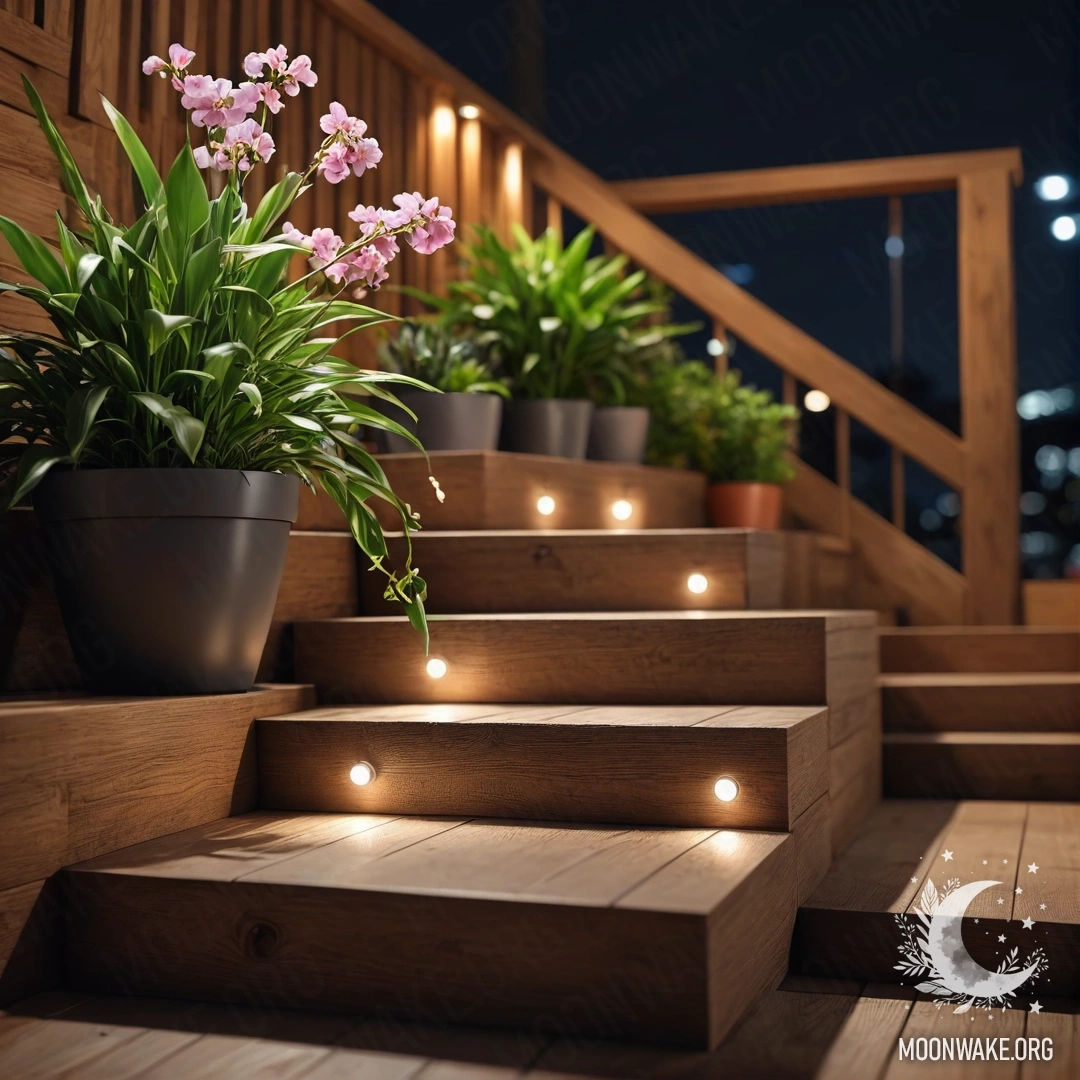 Деревянная лестница, украшенная цветочными горшками под ночным небом.