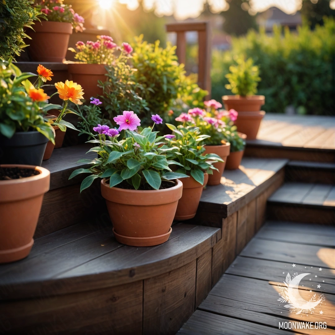 Яркие цветочные горшки расположены на деревянной лестнице во время заката.