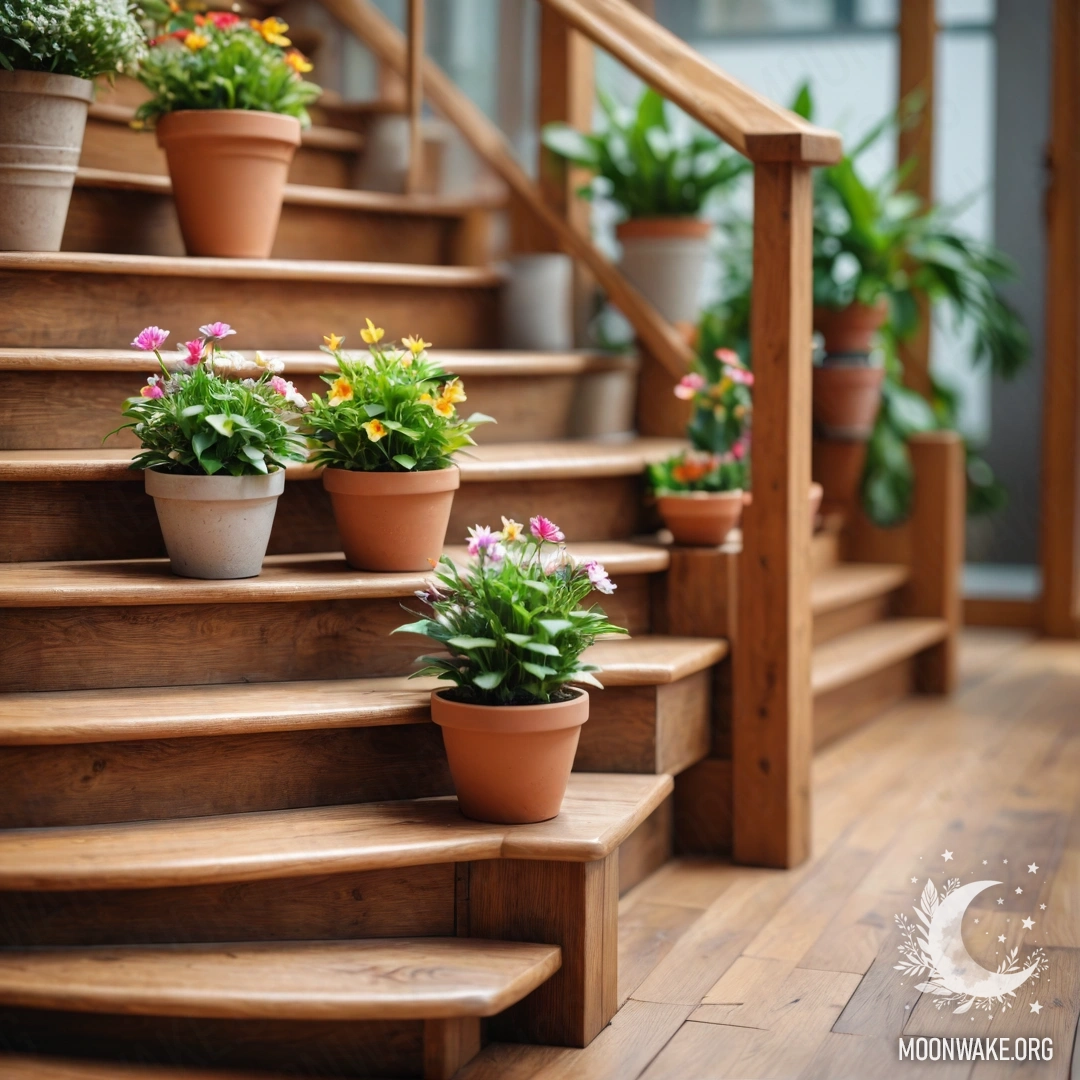 Фотореалистичное изображение цветочных горшков с линзами на деревянной лестнице.