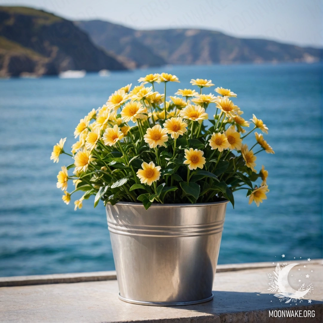 Абстрактные цветы в металлическом ведерке на фоне моря с боке.