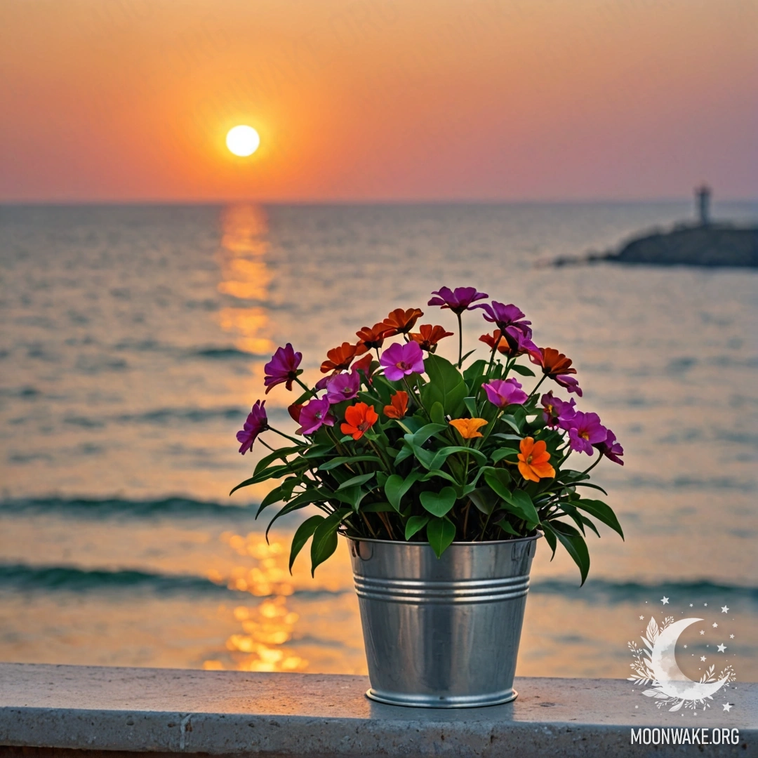 Абстрактные цветы, расположенные в металлическом ведре на фоне заката у моря.