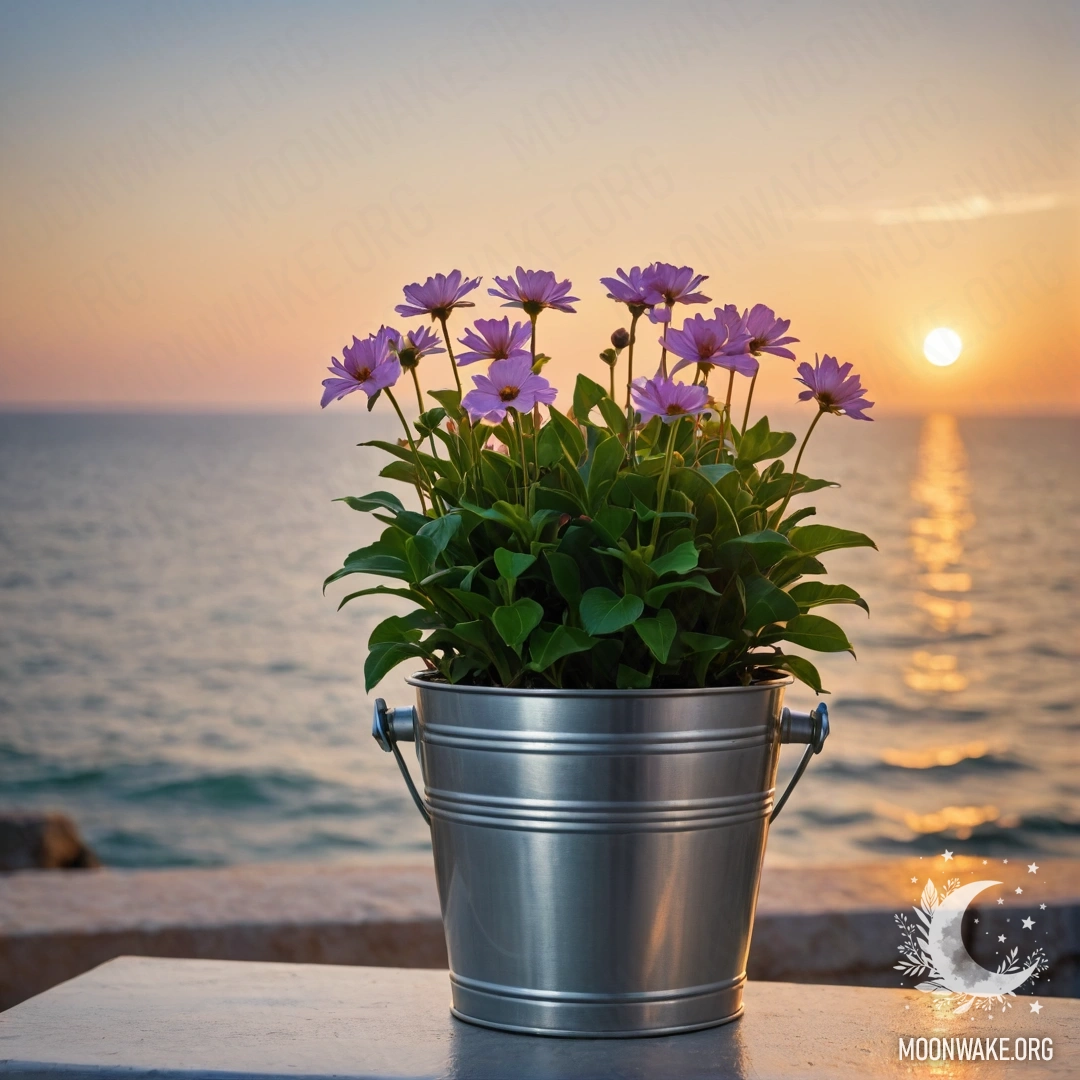Маленький металлический горшок в виде ведра, наполненный абстрактными цветами на фоне моря с боке на закате.