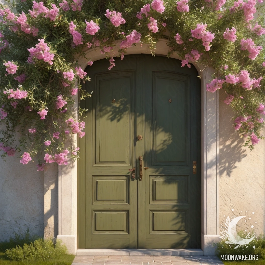 Абстрактная оливковая дверь под деревом, украшенным розовыми цветами, озарённым солнечными лучами.