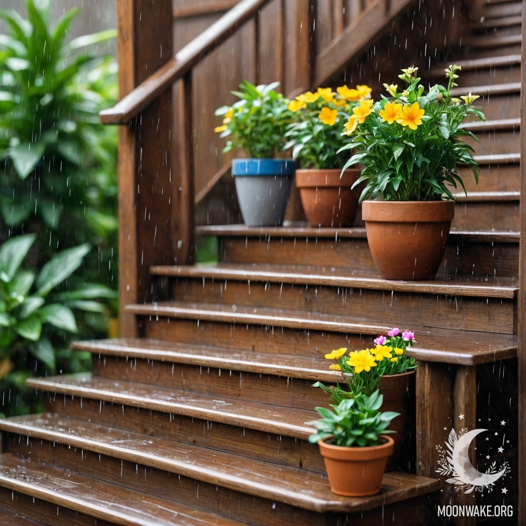 Цветочные горшки на деревянной лестнице, нежно омываемые дождем.