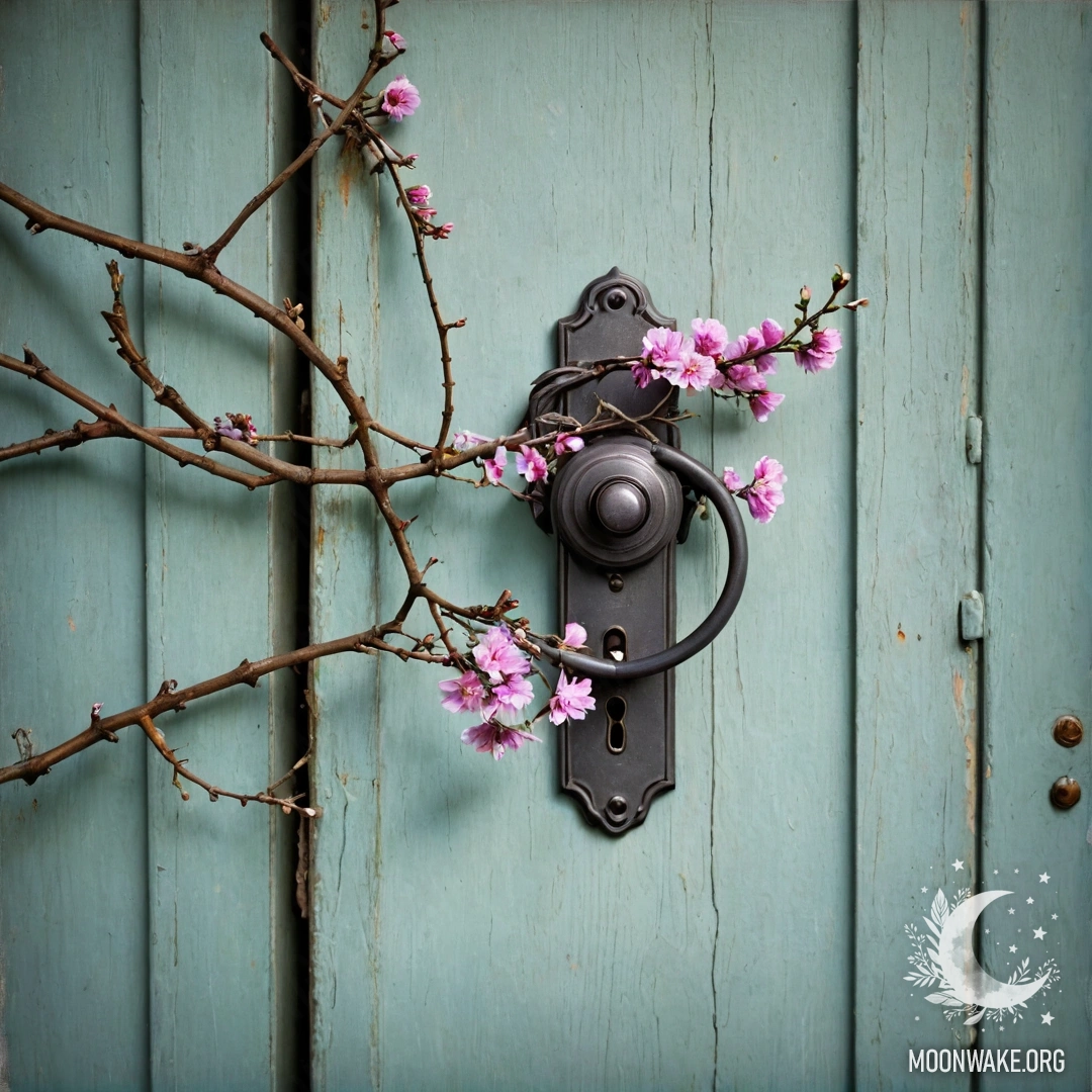 Фотография, запечатлевшая потёртую дверь, украшенную веточками и цветами на ручке.