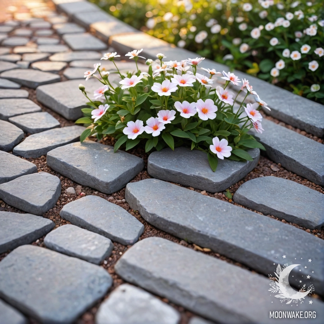 Потёртый каменный бордюр с небольшими белыми и розовыми цветами, растущими за ним на фоне заката.