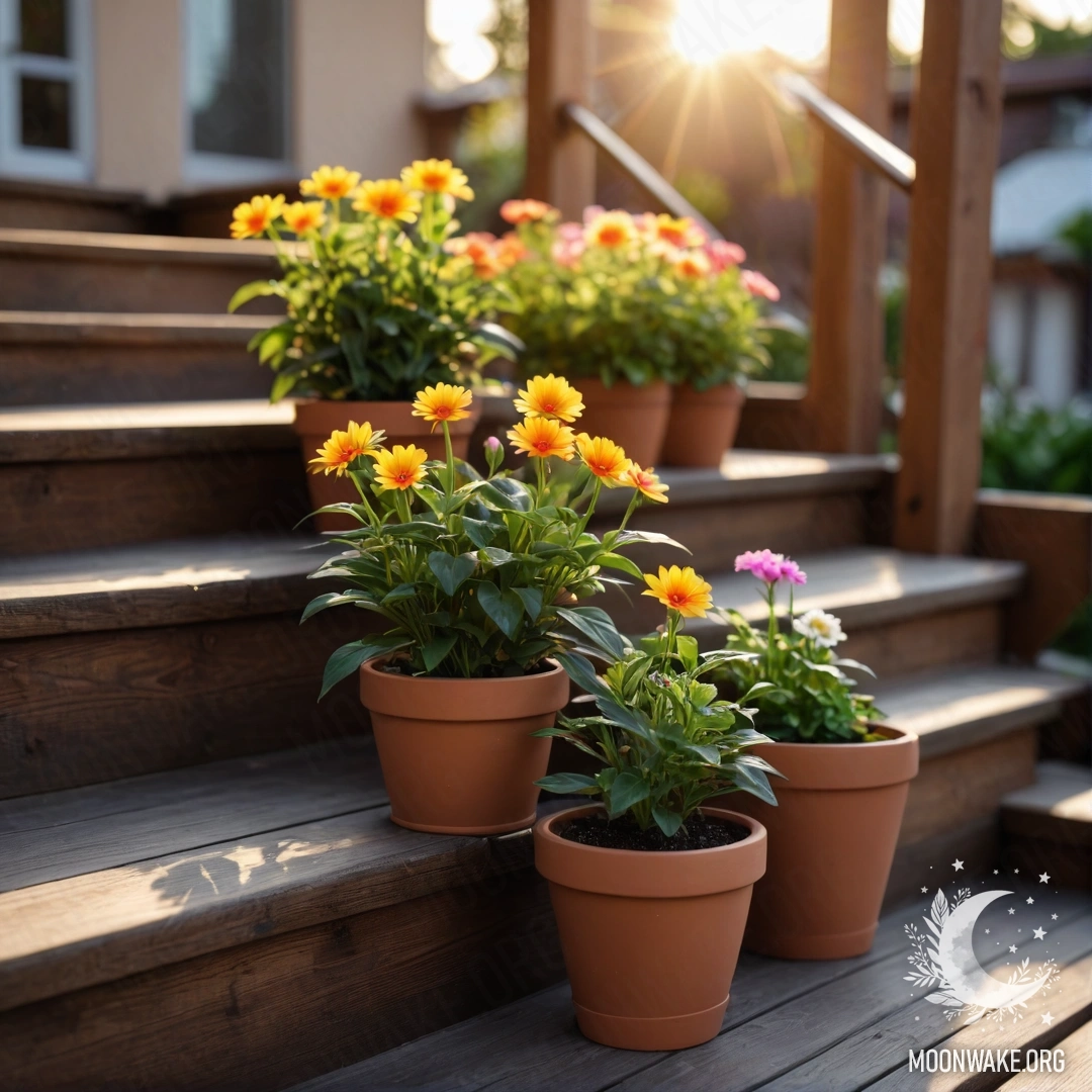 Деревянная лестница, украшенная цветочными горшками на фоне заката.