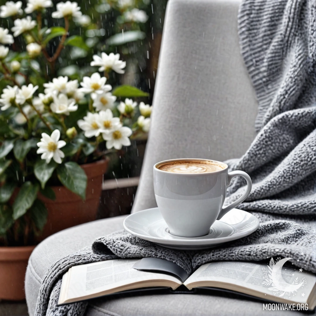 Крупный план абстрактного белого стула с серым вязаным пледом, книгой, веточкой с белыми цветами и белой чашкой кофе под дождем.