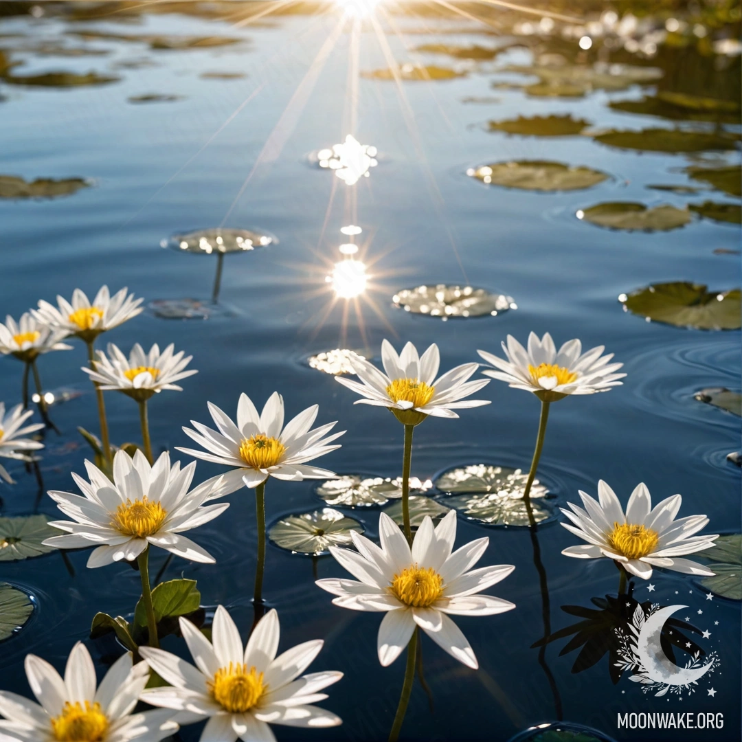 Абстрактная композиция из белых цветов, парящих на воде и завуалированных солнечными лучами.