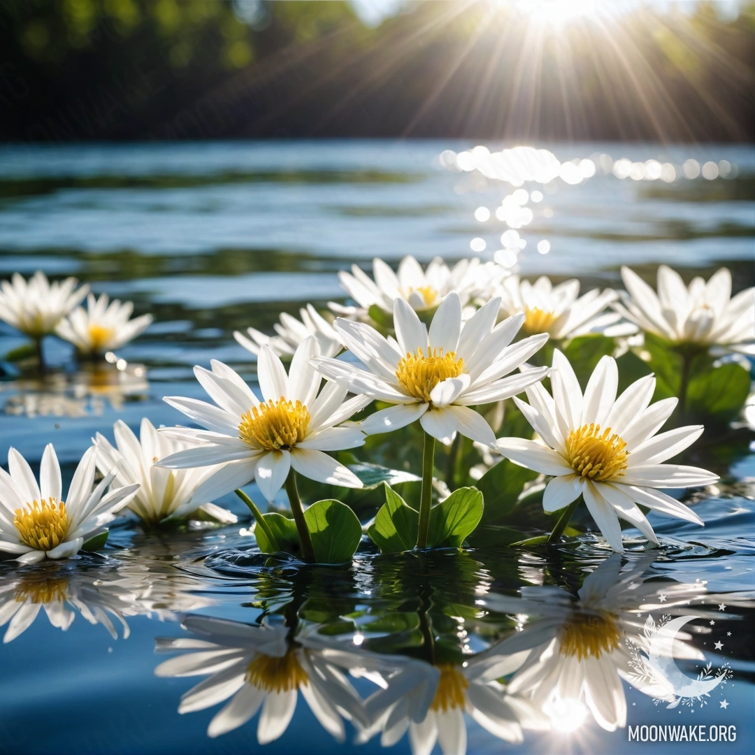 Изображение абстрактных белых цветов, плавающих на спокойной поверхности воды, освещенной солнечными лучами.