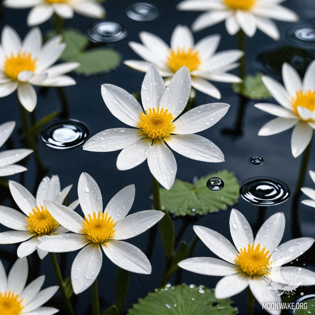 Абстрактные белые цветы, плавающие на спокойной поверхности воды, запечатленные с помощью линзы.