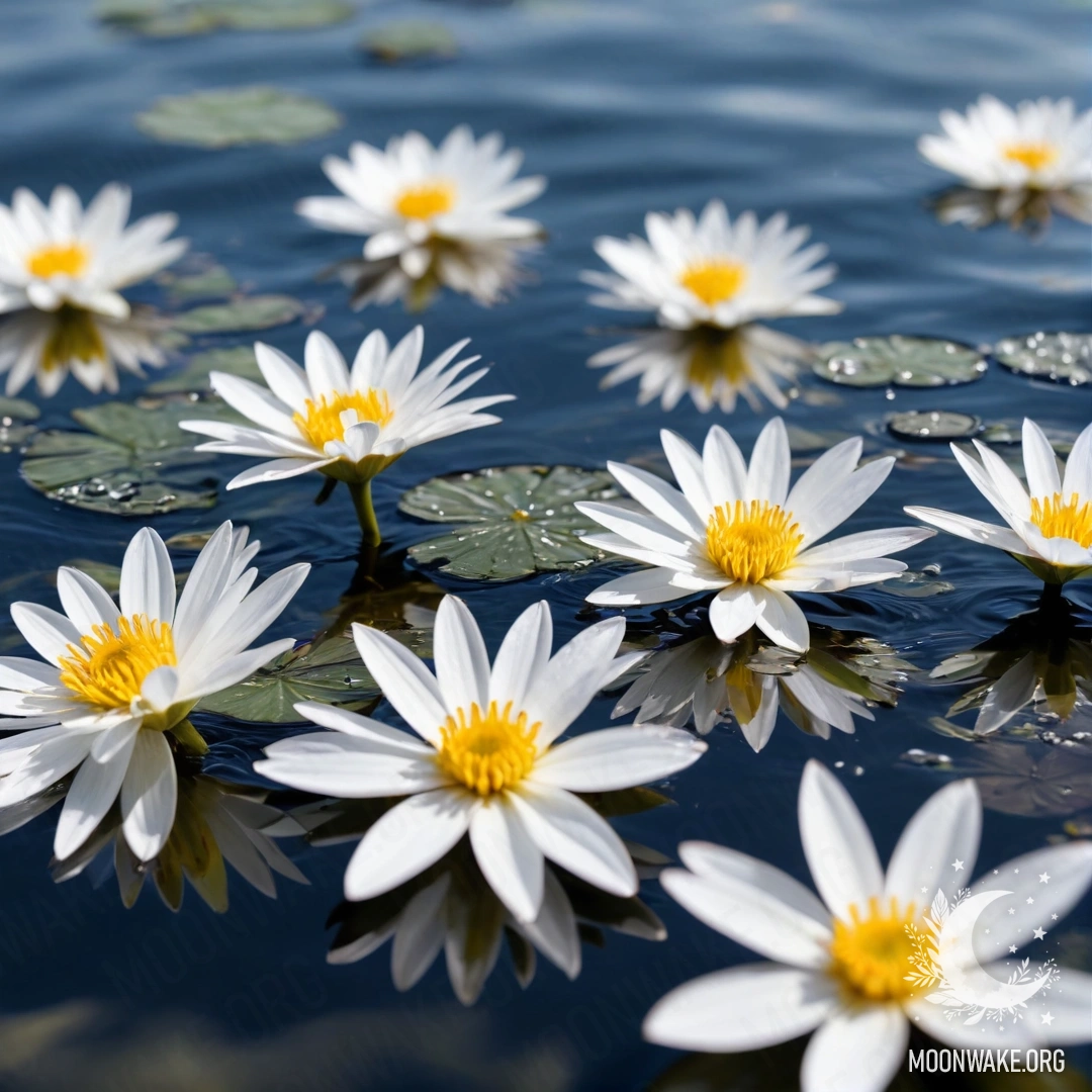 Тихий образ нежных белых цветов, плавающих на спокойной поверхности воды, запечатленных через мягкую линзу.