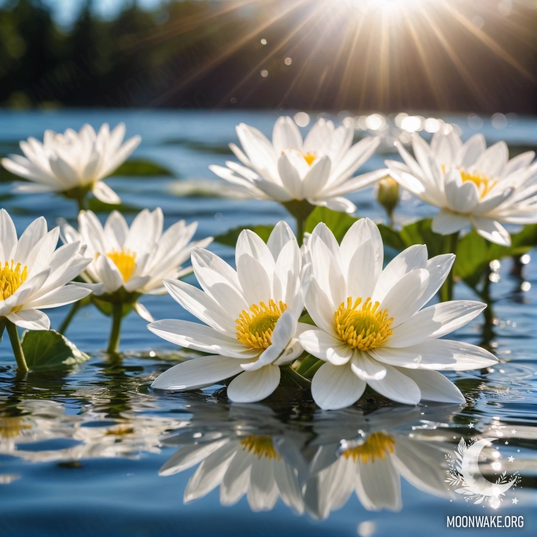 Фотореалистичное изображение абстрактных белых цветов, плавающих на гладкой поверхности воды, освещенных мягкими солнечными лучами.