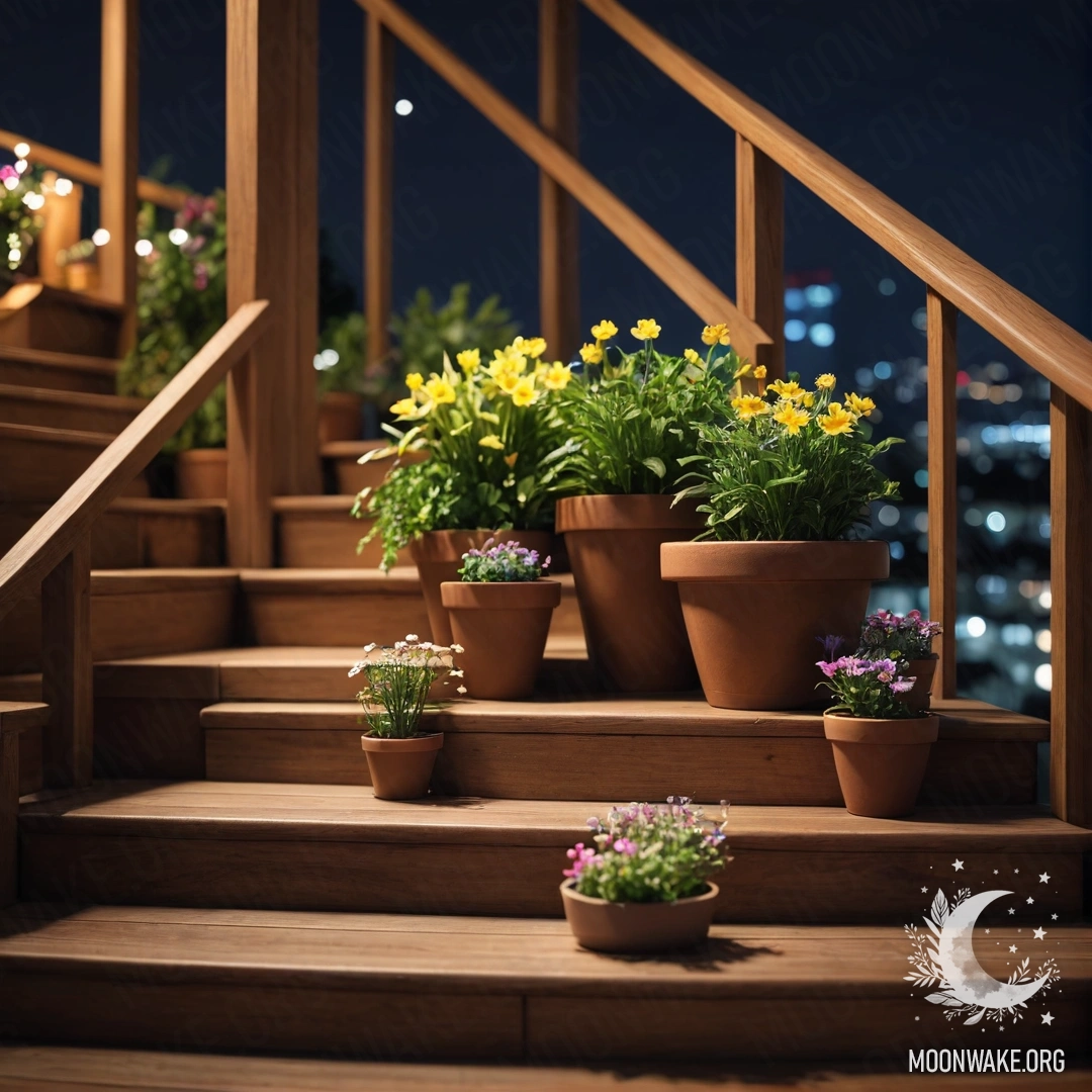 Фотореалистичное изображение деревянной лестницы с цветочными горшками ночью.