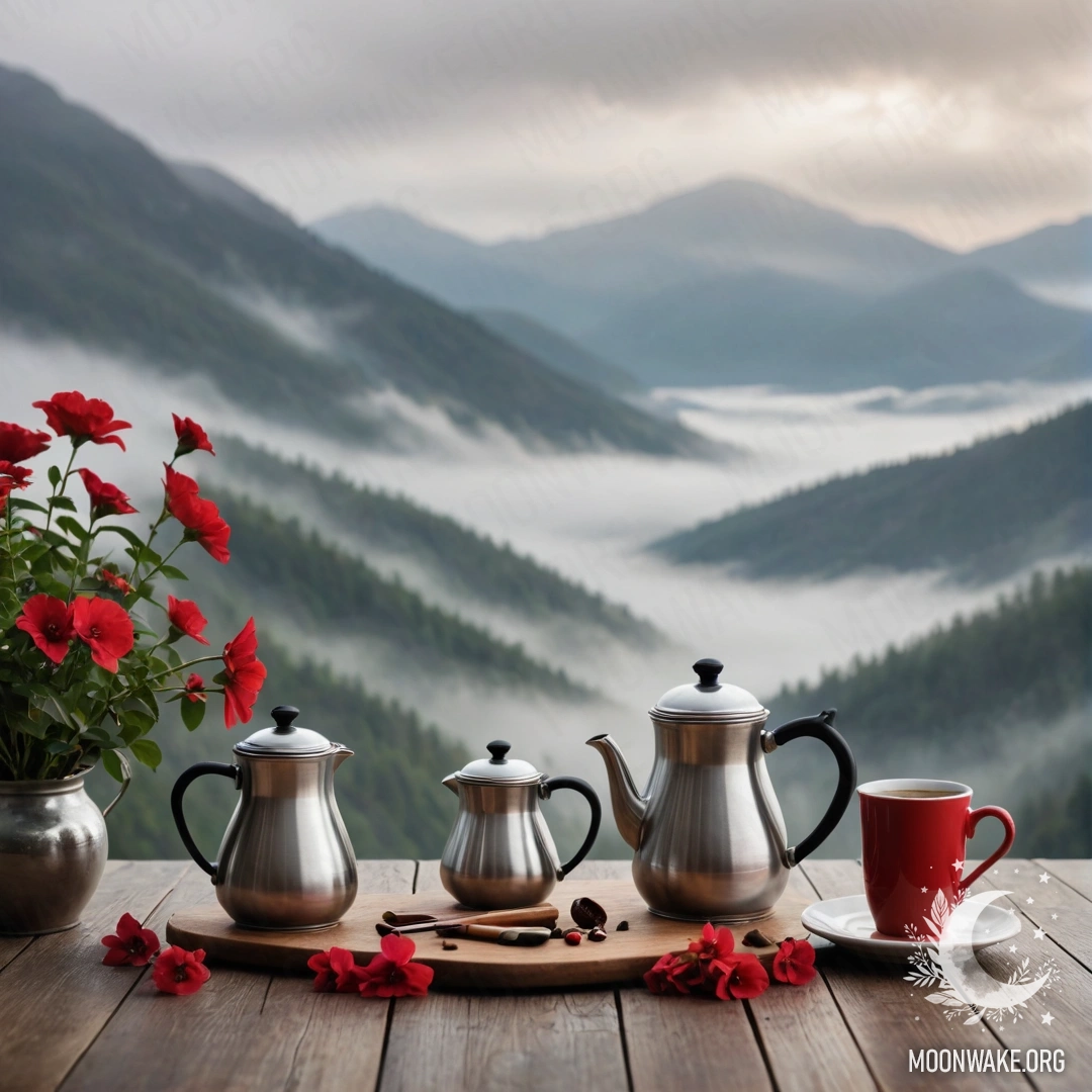 Абстрактный деревянный стол на фоне гор, на столе банка с красными цветами, кофейник и чашки.