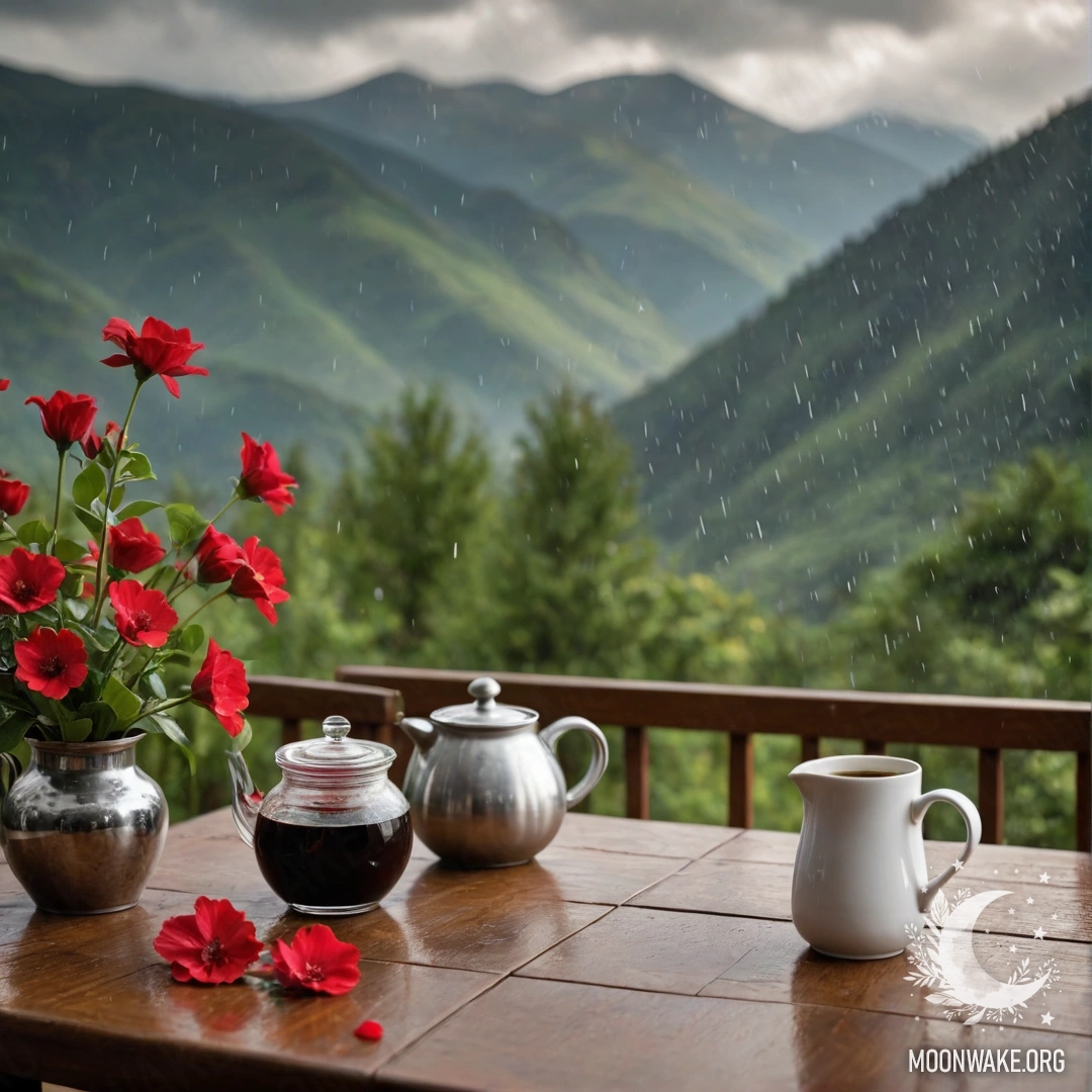 Абстрактный деревянный стол с банкой красных цветов, кофейником и чашками на фоне гор под дождем.
