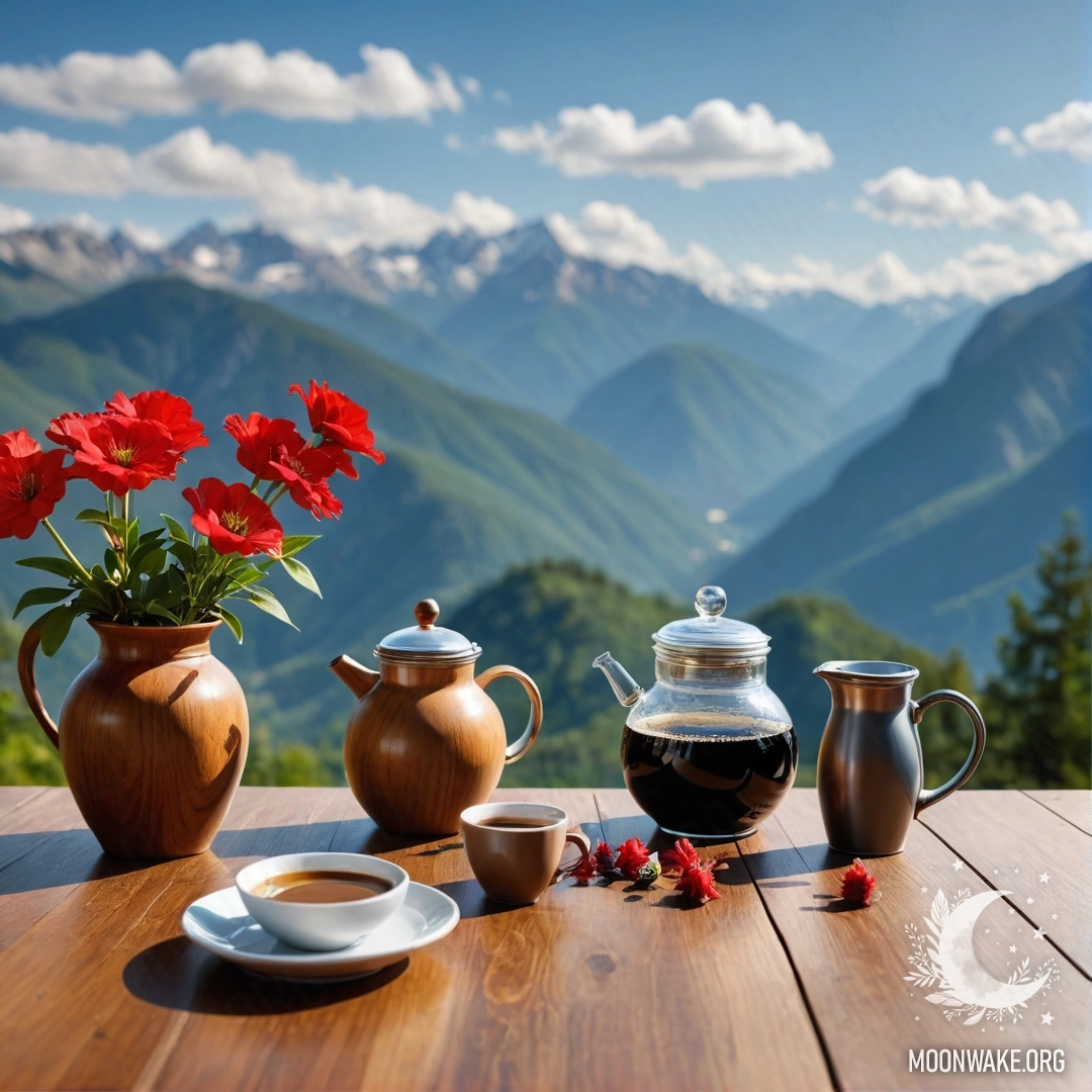 Абстрактный деревянный стол на фоне гор, на котором расположены банка с красными цветами, кофейник и чашки.