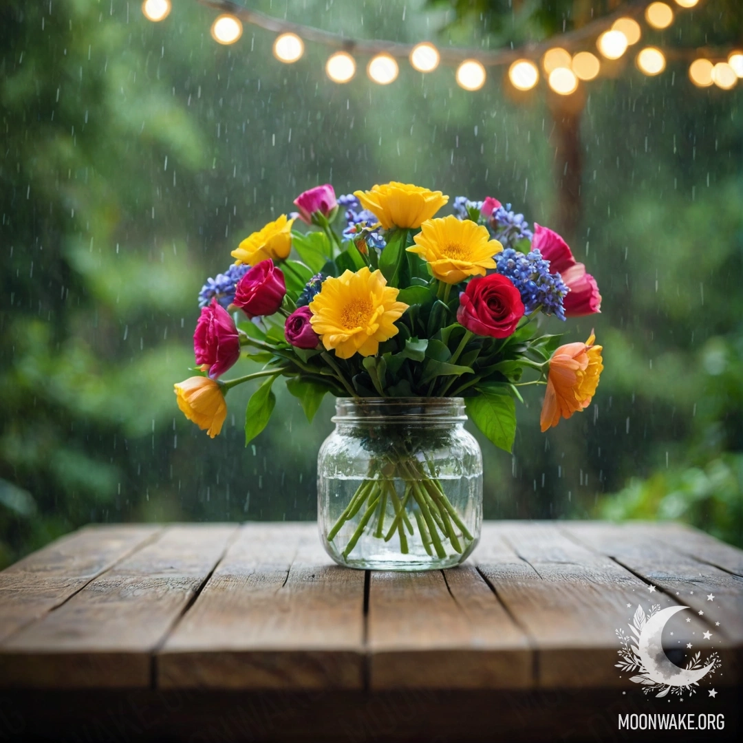 Деревянный стол, на котором стоит банка с цветами, на заднем плане мягкий бokeh от светящейся гирлянды и капли дождя.