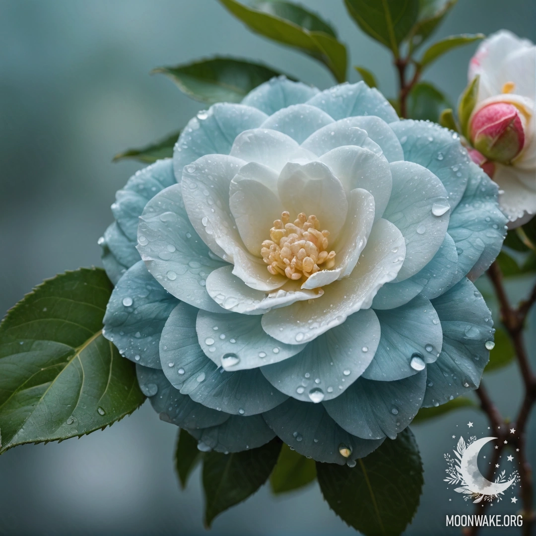 Букет аквамариновых камелий, украшенный каплями росы.