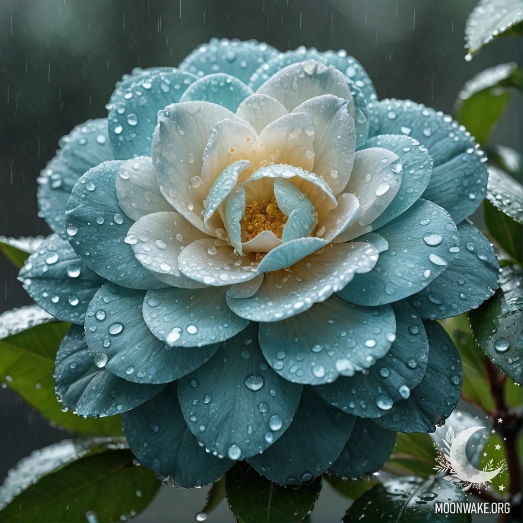 Красивая аквамариновая камелия, окруженная каплями дождя и блестками.