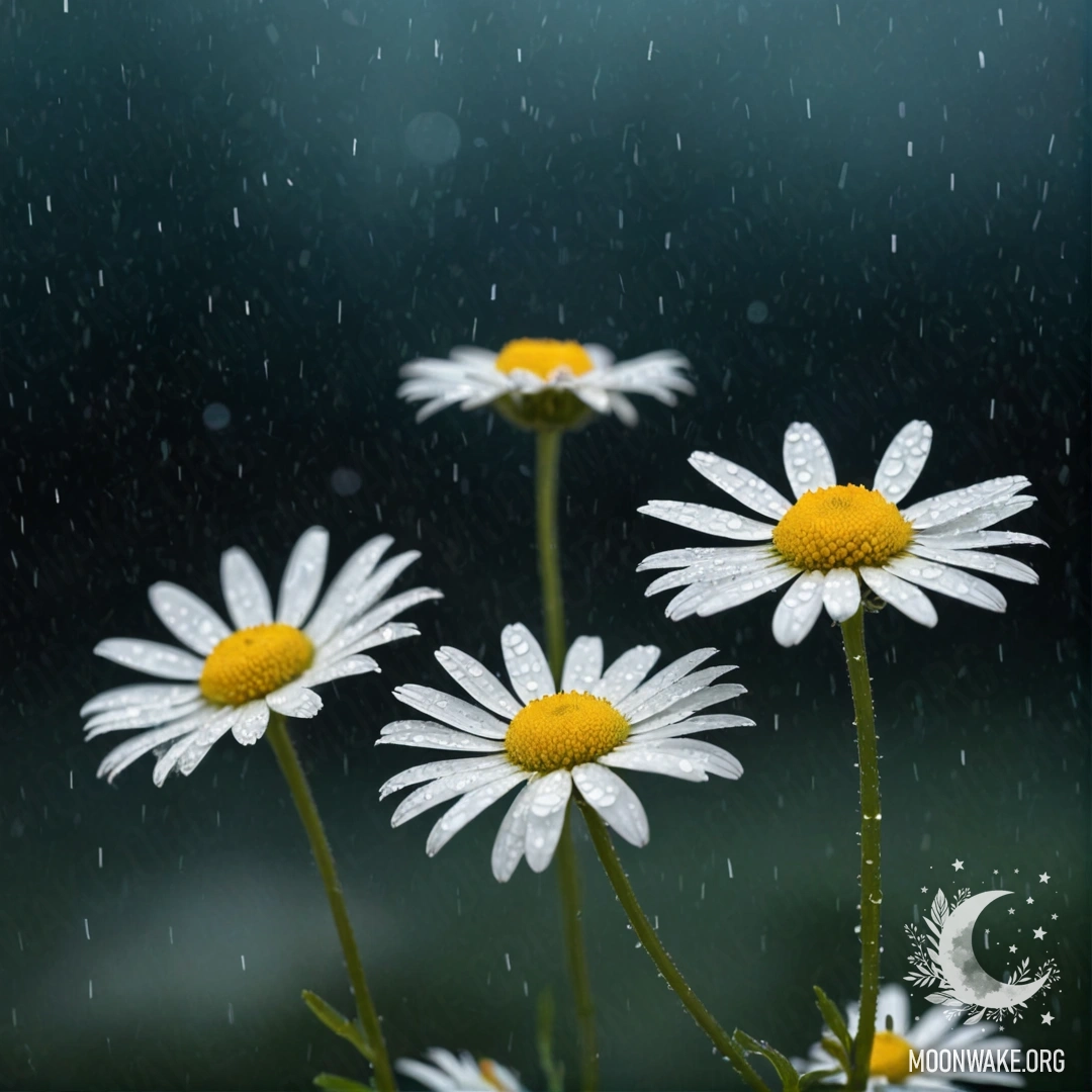 Минималистичное изображение ромашек под дождем ночью, окруженных сверкающими аквамариновыми блестками.