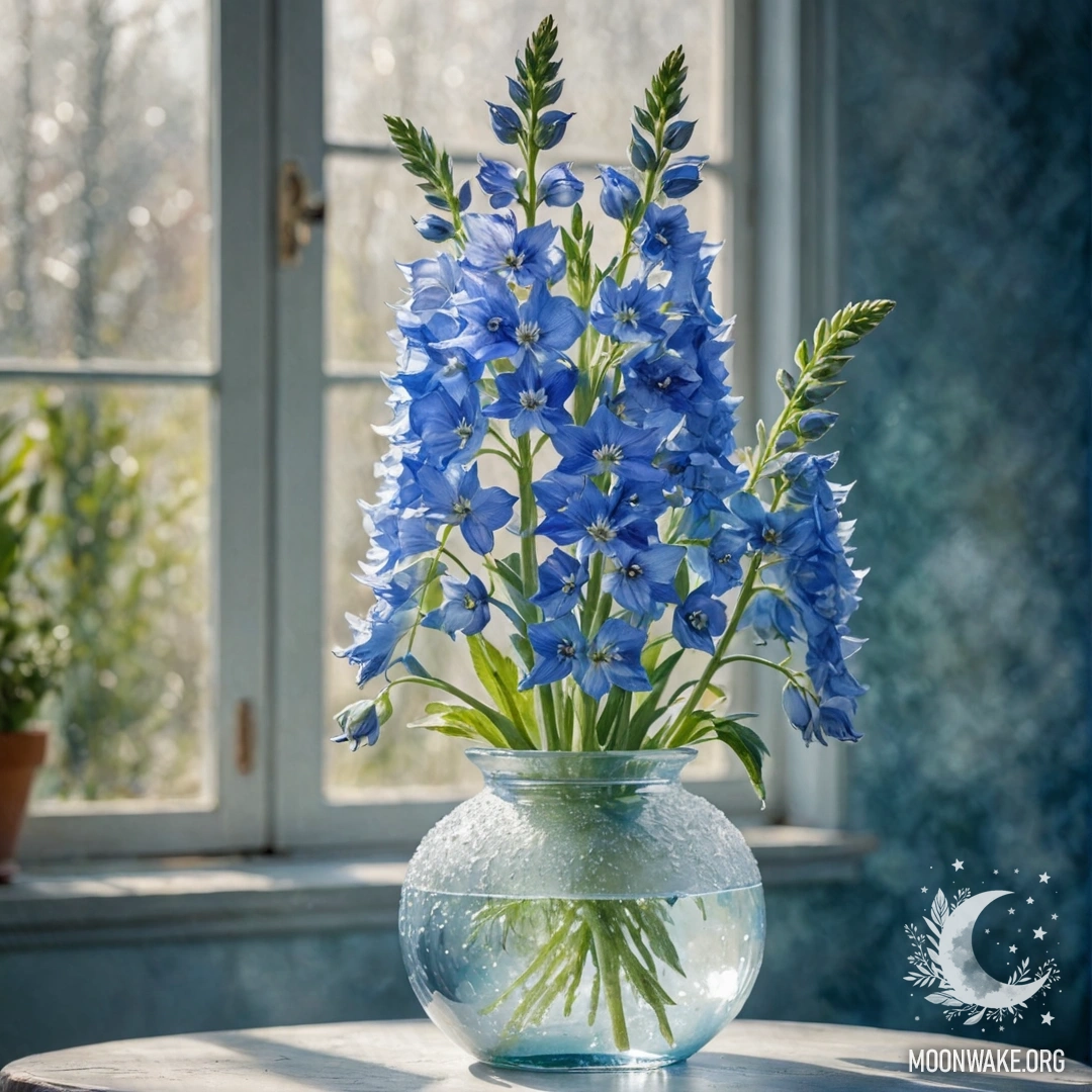 Красивый аквамариновый делфиниум в морозном вазе, освещённый солнечными лучами.