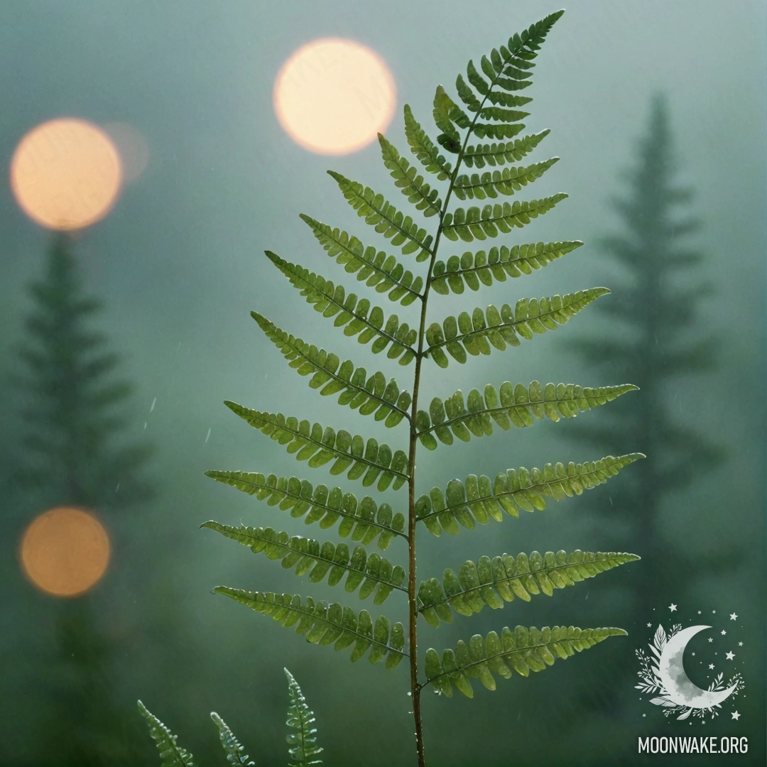 Спокойный аквамариновый папоротник, окруженный туманом и дождем на закате.