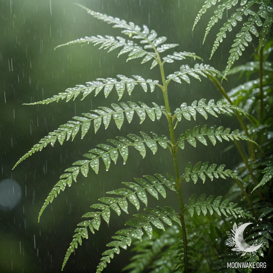 Нежный аквамариновый папоротник, украшенный каплями дождя и секундами, создающий умиротворяющую атмосферу.