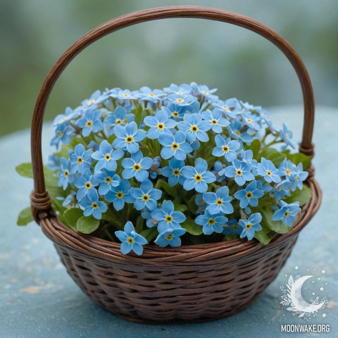 Корзина, наполненная аквамариновыми незабудками, окруженная туманом.