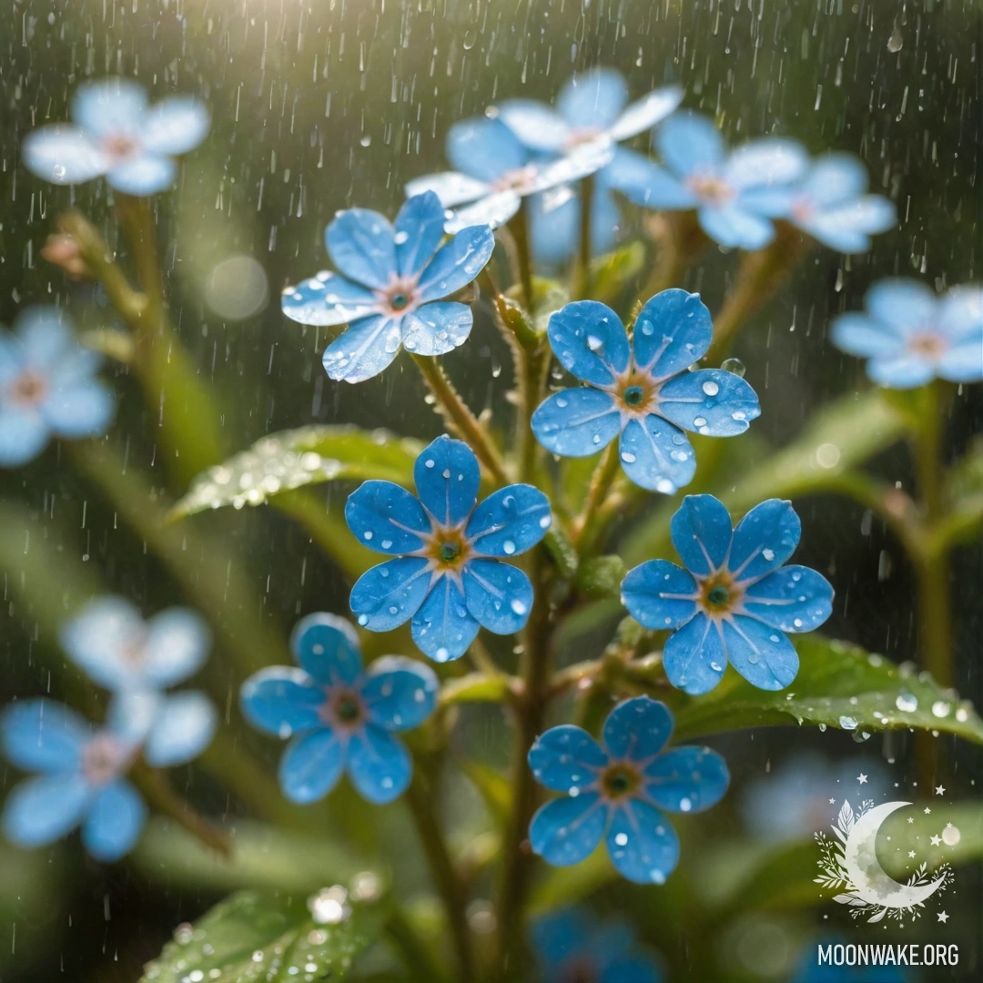 Группа аквамариновых незабудок, сверкающих под дождем.