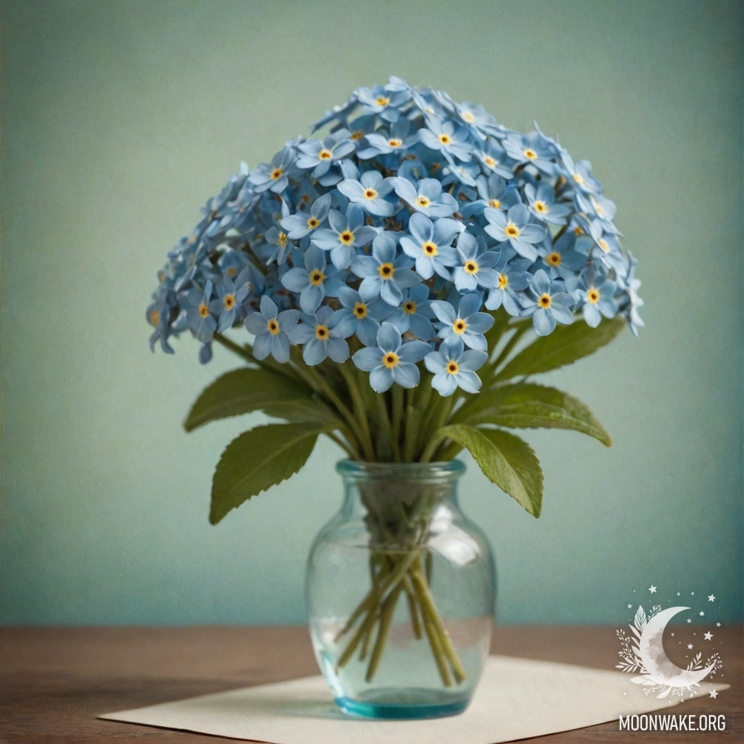 Винтажная ваза, наполненная нежными аквамариновыми незабудками.