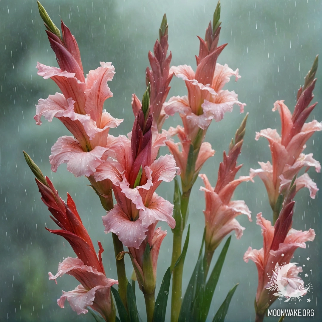 Букет аквамариновых гладиолусов в тумане и под дождем.