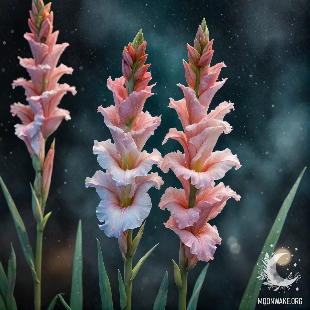 Акварельная картина аквамаринового гладиолуса в испарине ночью, украшенного блестками.