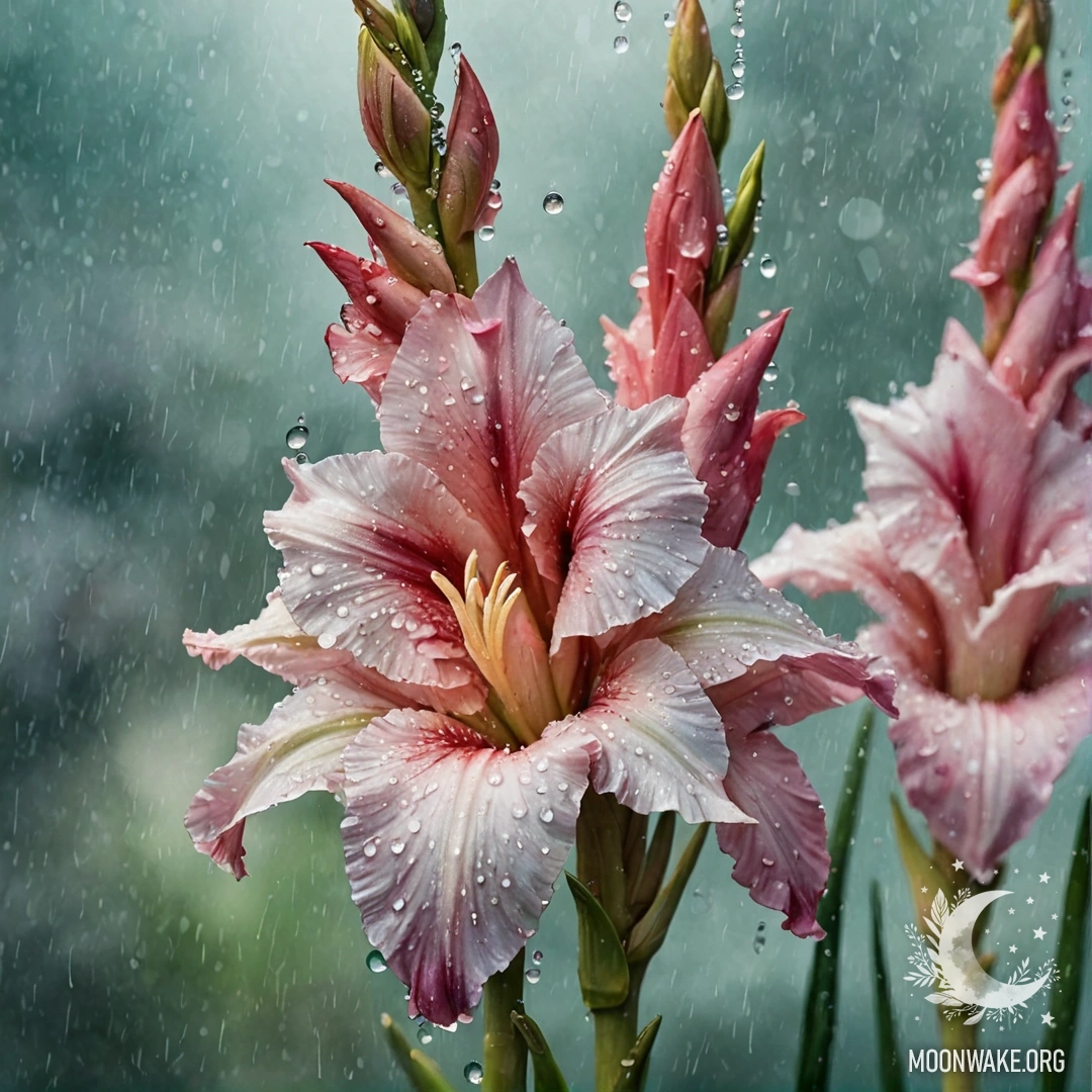 Крупный план красивого аквамаринового гладиолуса, украшенного дождем и стразами.