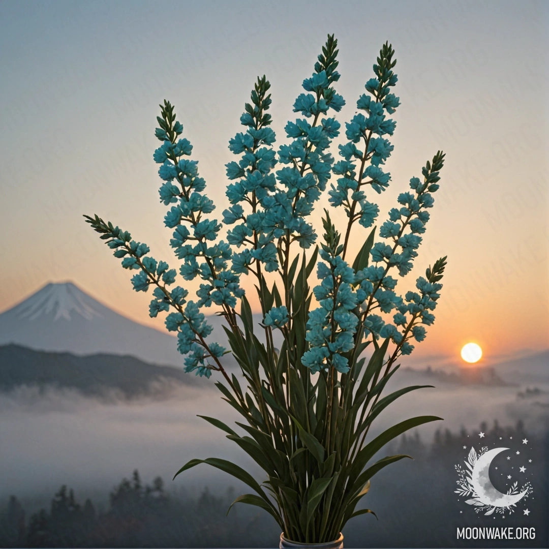 Букет аквамаринового вереска, окруженный туманом на закате.