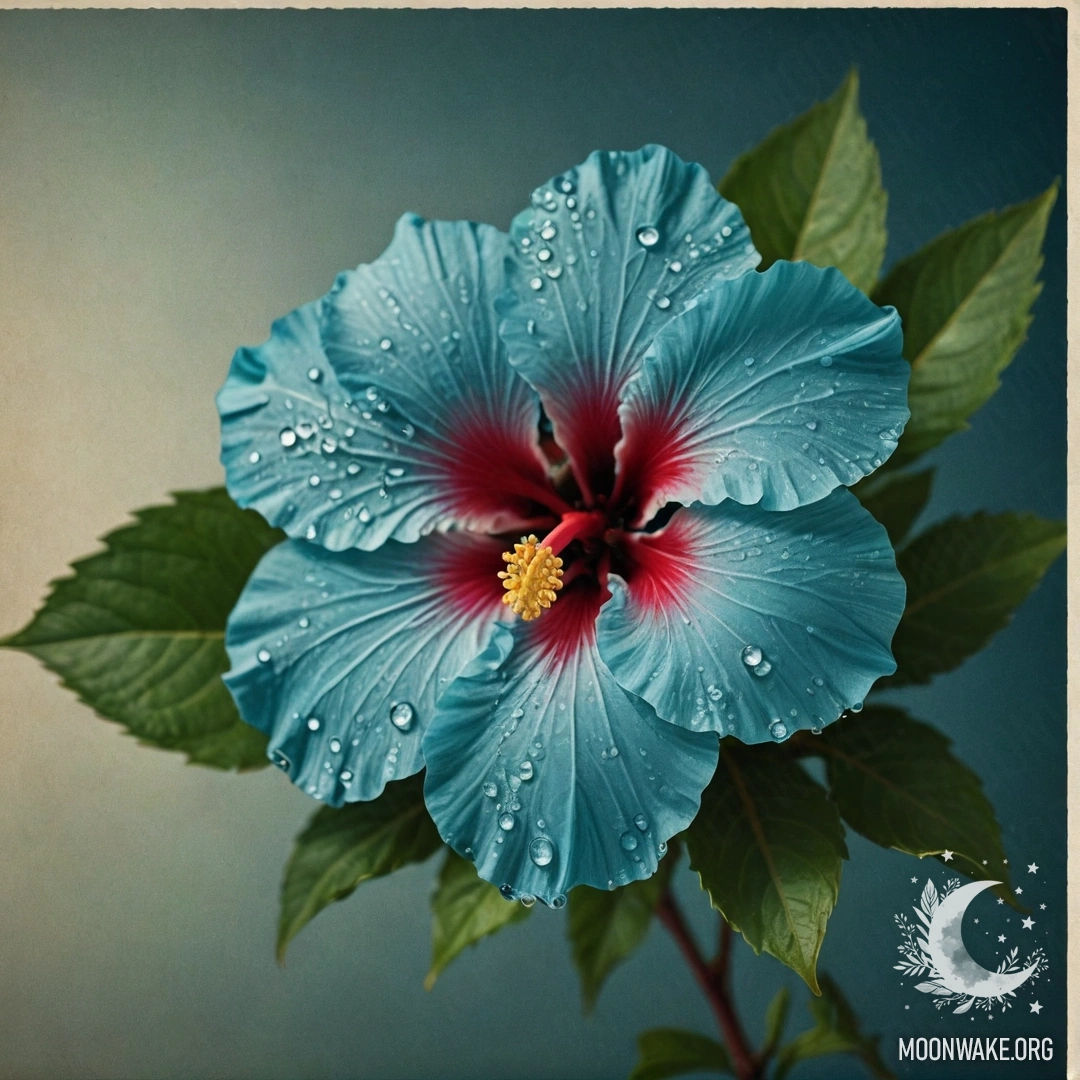 Спокойный букет голубого гибискуса, украшенный каплями росы в ночное время.