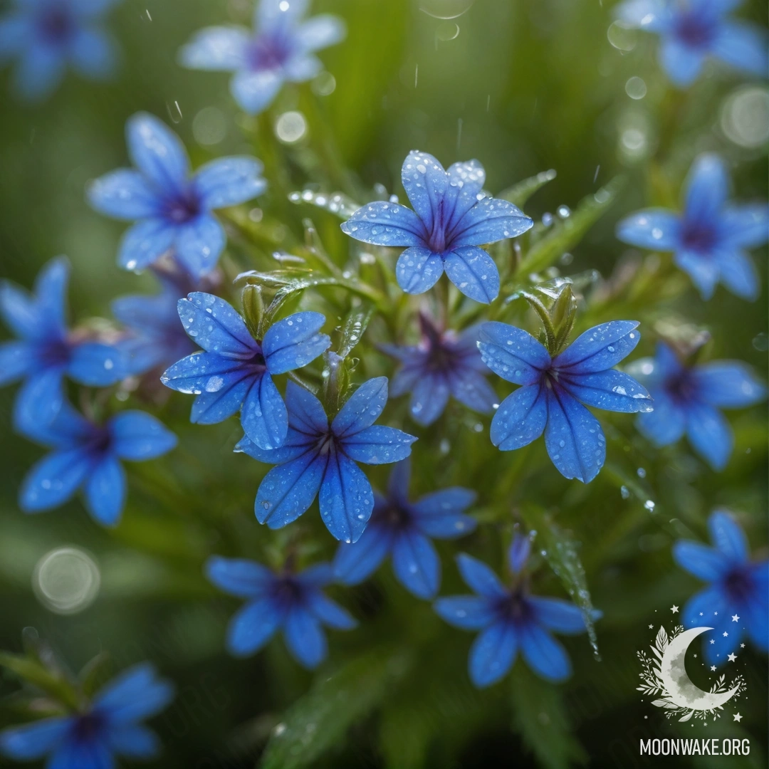 Крупный план аквамариновой лобелии с блестками под дождем, освещенной солнечными лучами.