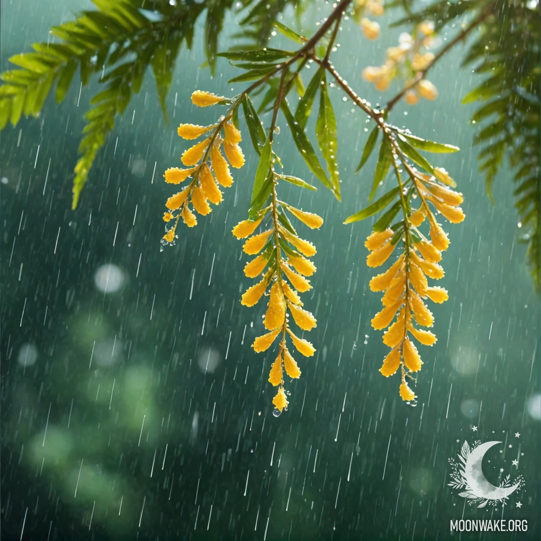 Нежный аквамариновый цветок мимозы под дождем, сверкающий под солнечными лучами.