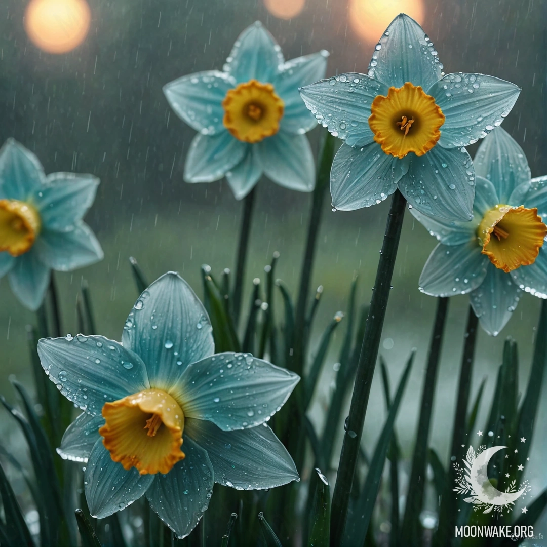 Красивый аквамариновый нарцисс, цветущий в туманном дожде под закатным небом, озаренный блеском.