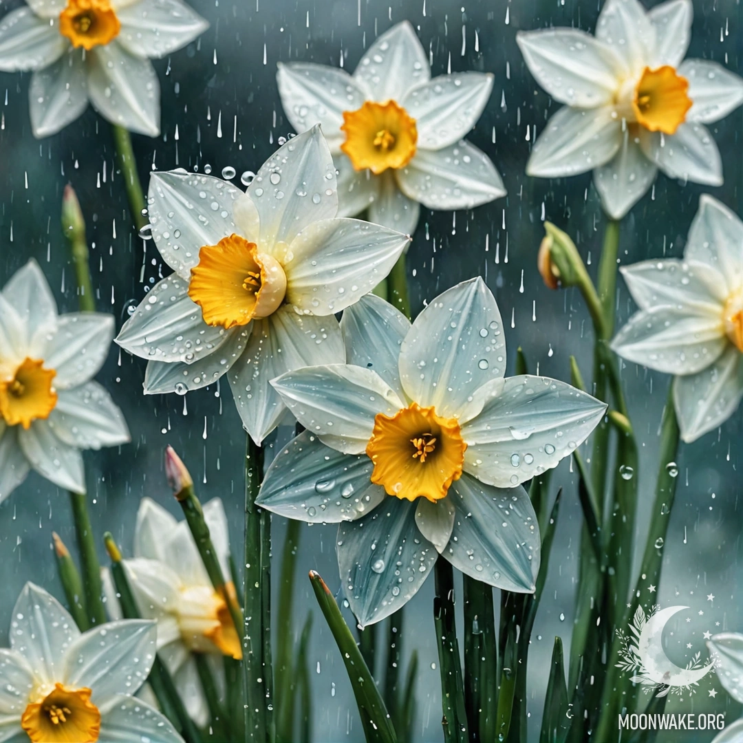 Красивый аквамариновый цветок нарцисса, украшенный стразами, под дождем.