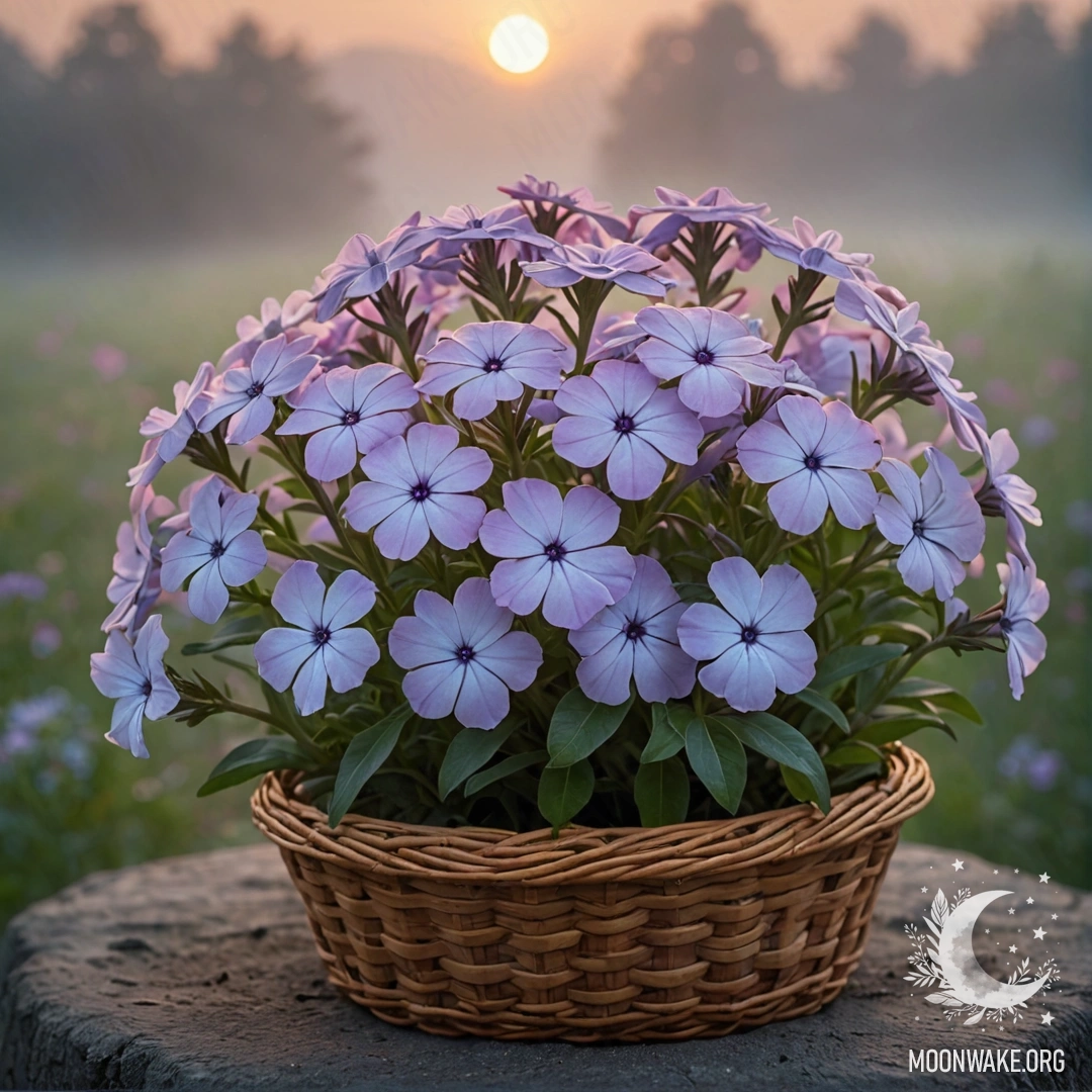 Красивое расположение розовых флокс в аквамариновой корзине, окруженных туманом на закате.