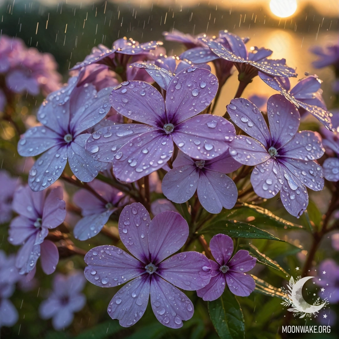 Крупный план милых флокс, сверкающих под дождем на закате.