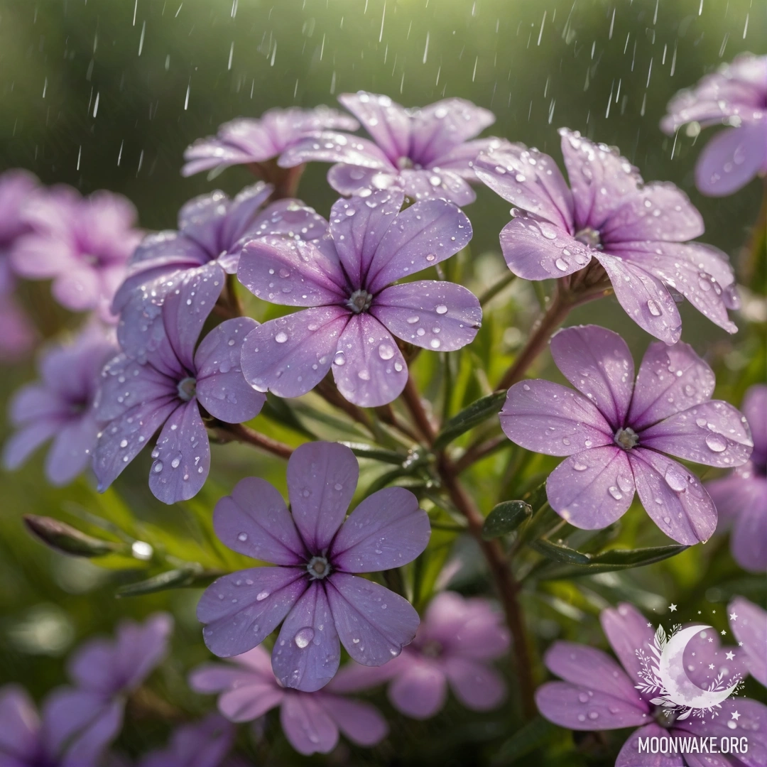 Крупный план красивых аквамариновых цветов флокс, сверкающих под дождем, освещенных солнечными лучами.